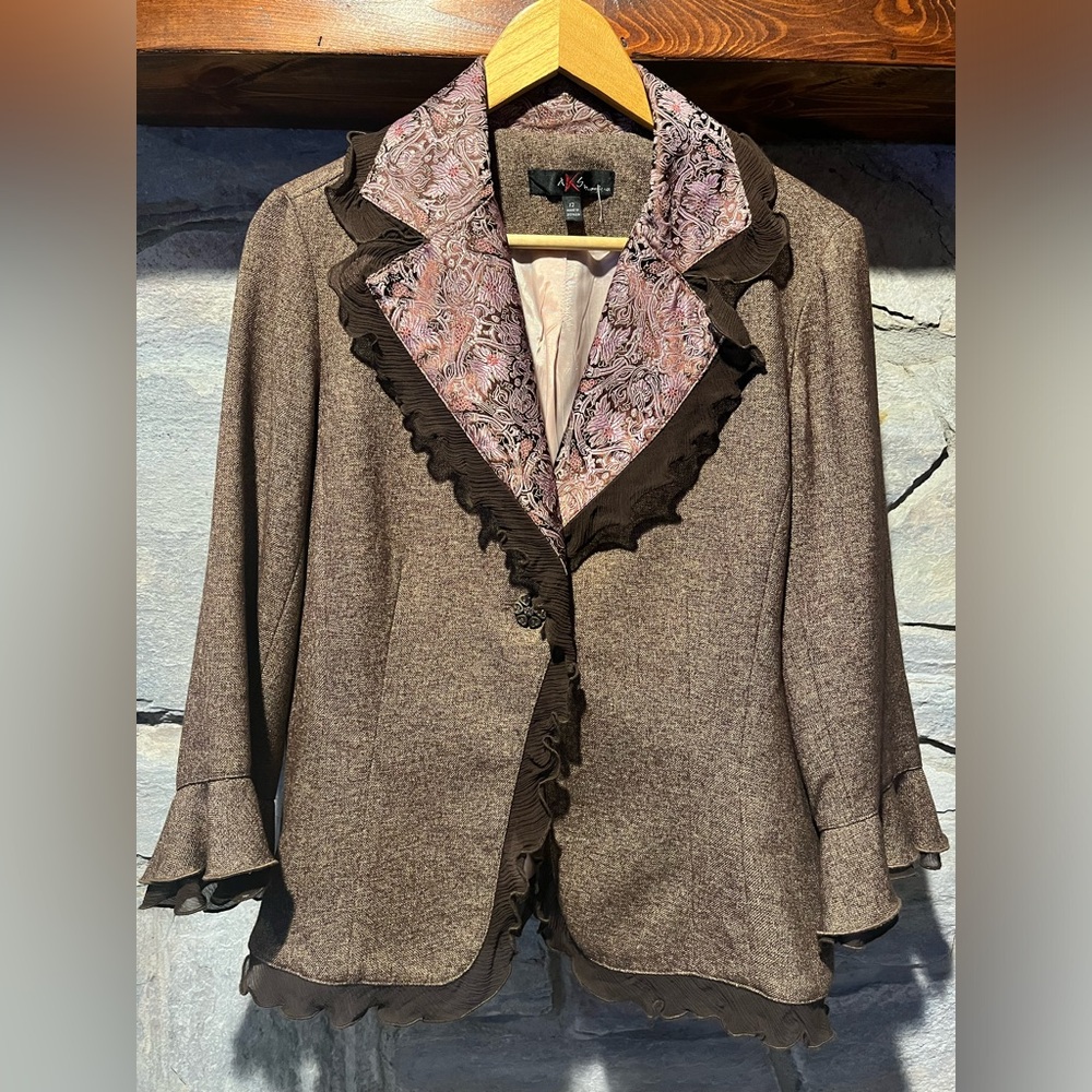 AKS vintage blazer with ruffled accents and jeweled button, size 12